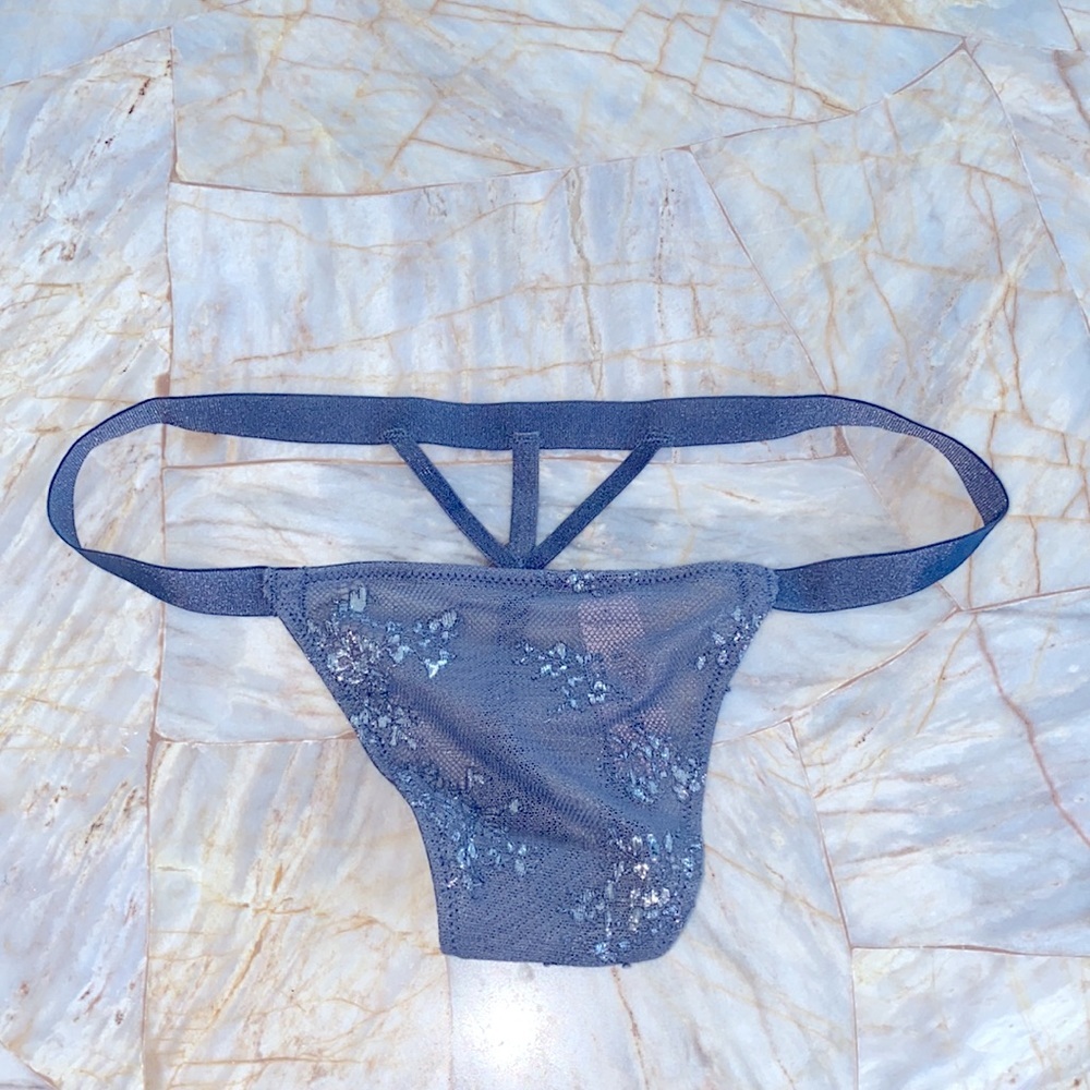Grey w Silver Lace V-String Very Sexy Thong Panty XS